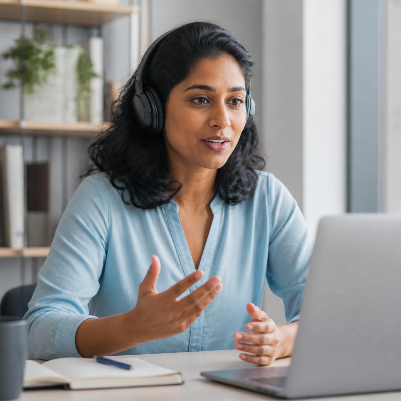 A person speaking during a conversation practice session at a desk